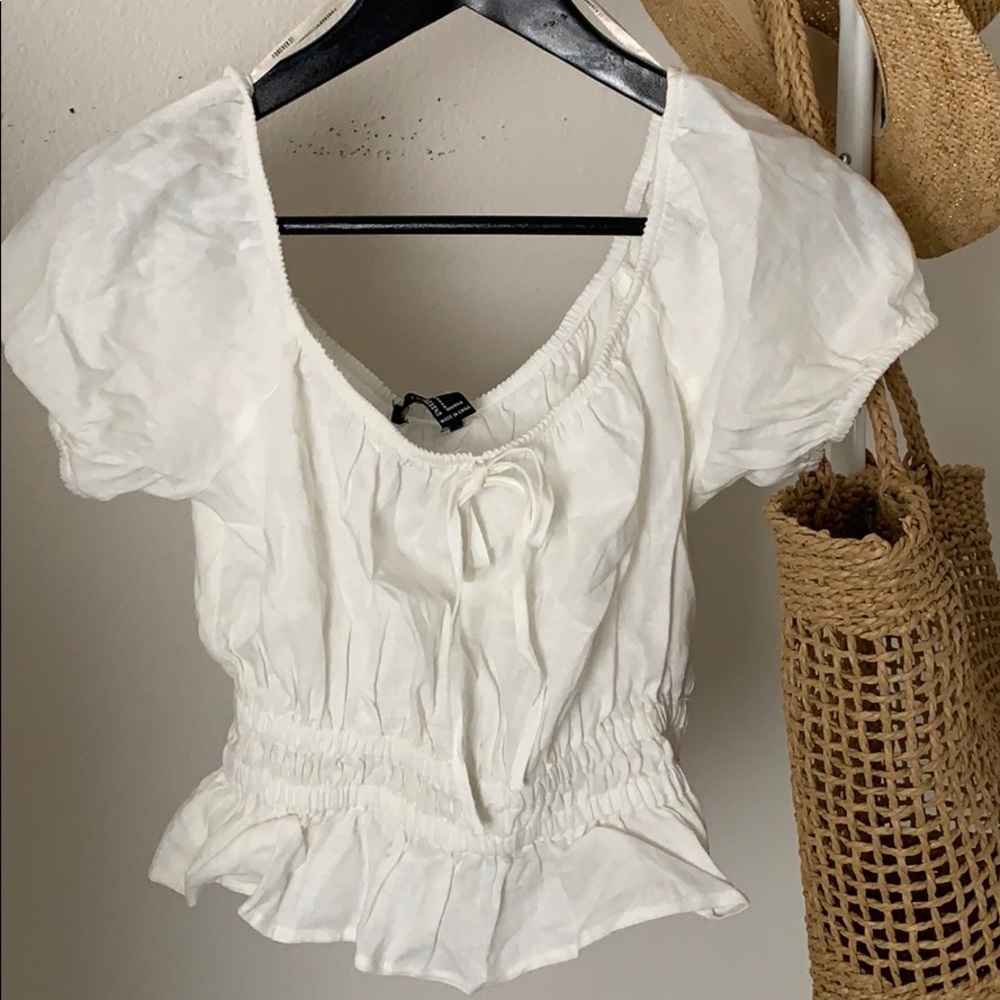 White Linen Short Sleeved Blouse